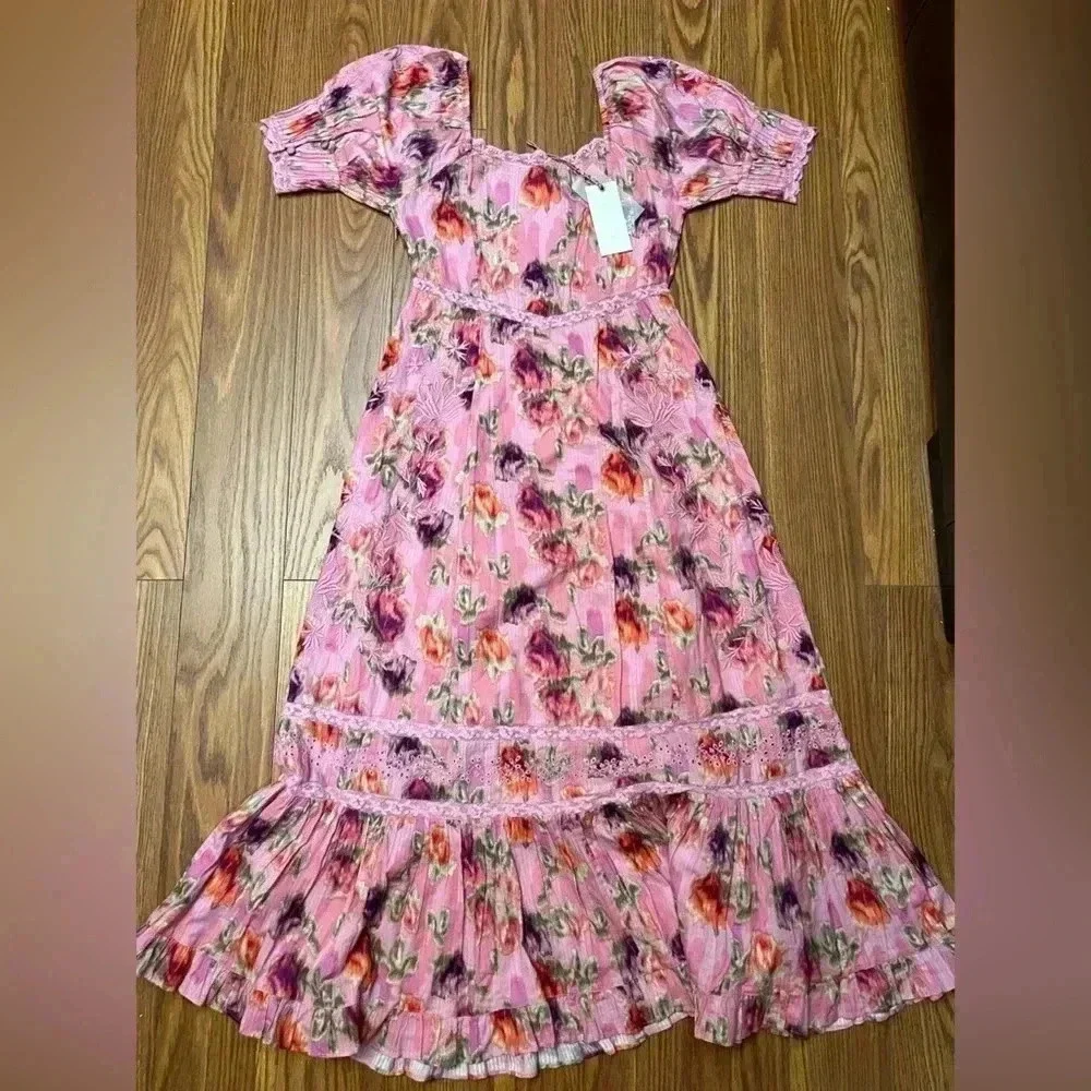 NWT LOVESHACKFANCY Mariata Floral A Line Maxi Dress Wild Pink Rose 8 - Picture 4 of 7